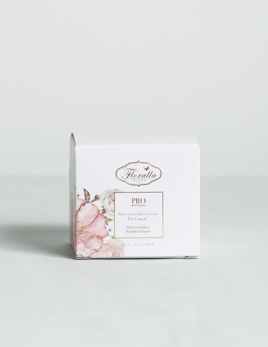 Floralla PRO Moisturizing Rejuvenation Eye Cream box with floral design, highlighting microcrystalline and multiple collagen formula, promoting anti-aging and hydrating benefits in luxury skincare.