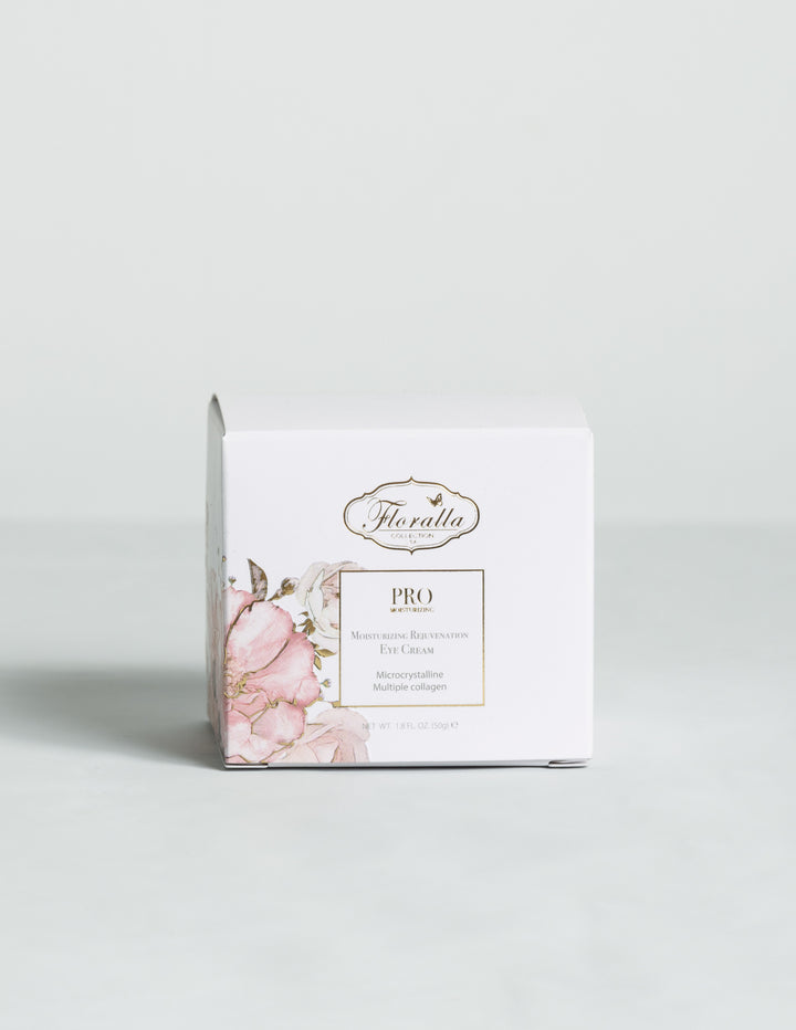 Floralla PRO Moisturizing Rejuvenation Eye Cream box with floral design, highlighting microcrystalline and multiple collagen formula, promoting anti-aging and hydrating benefits in luxury skincare.