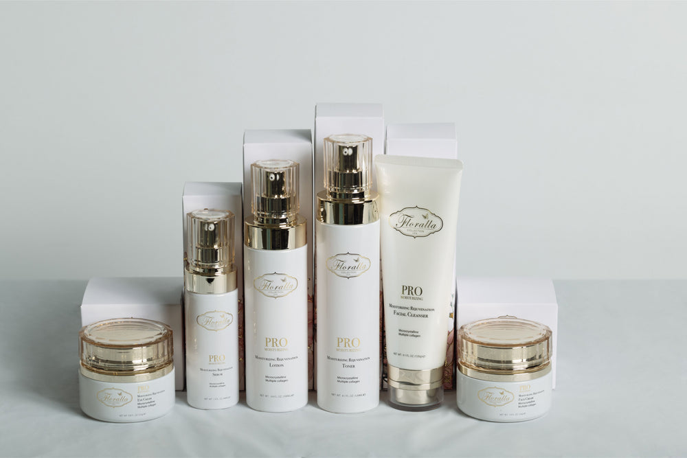 Floralla PRO Skincare Set: A collection of luxury skincare products, including a facial cleanser, toner, serum, and moisturizer, in elegant white packaging with gold accents.