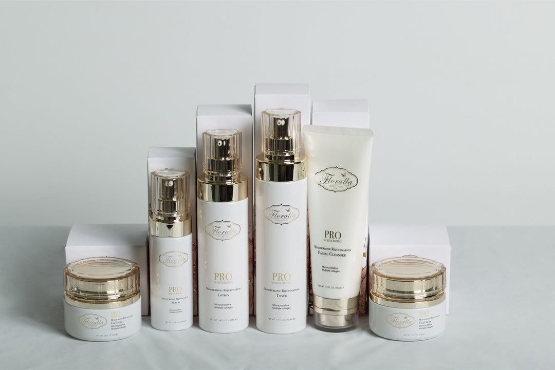 Floralla PRO Skincare Set: A collection of luxury skincare products, including a facial cleanser, toner, serum, and moisturizer, in elegant white packaging with gold accents.