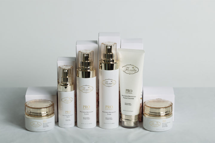 Floralla PRO Skincare Set: A collection of luxury skincare products, including a facial cleanser, toner, serum, and moisturizer, in elegant white packaging with gold accents.