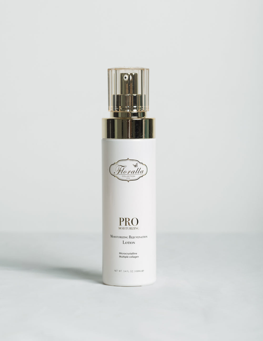 Floralla Pro Moisturizing Rejuvenating Lotion, in white bottle with gold accents.