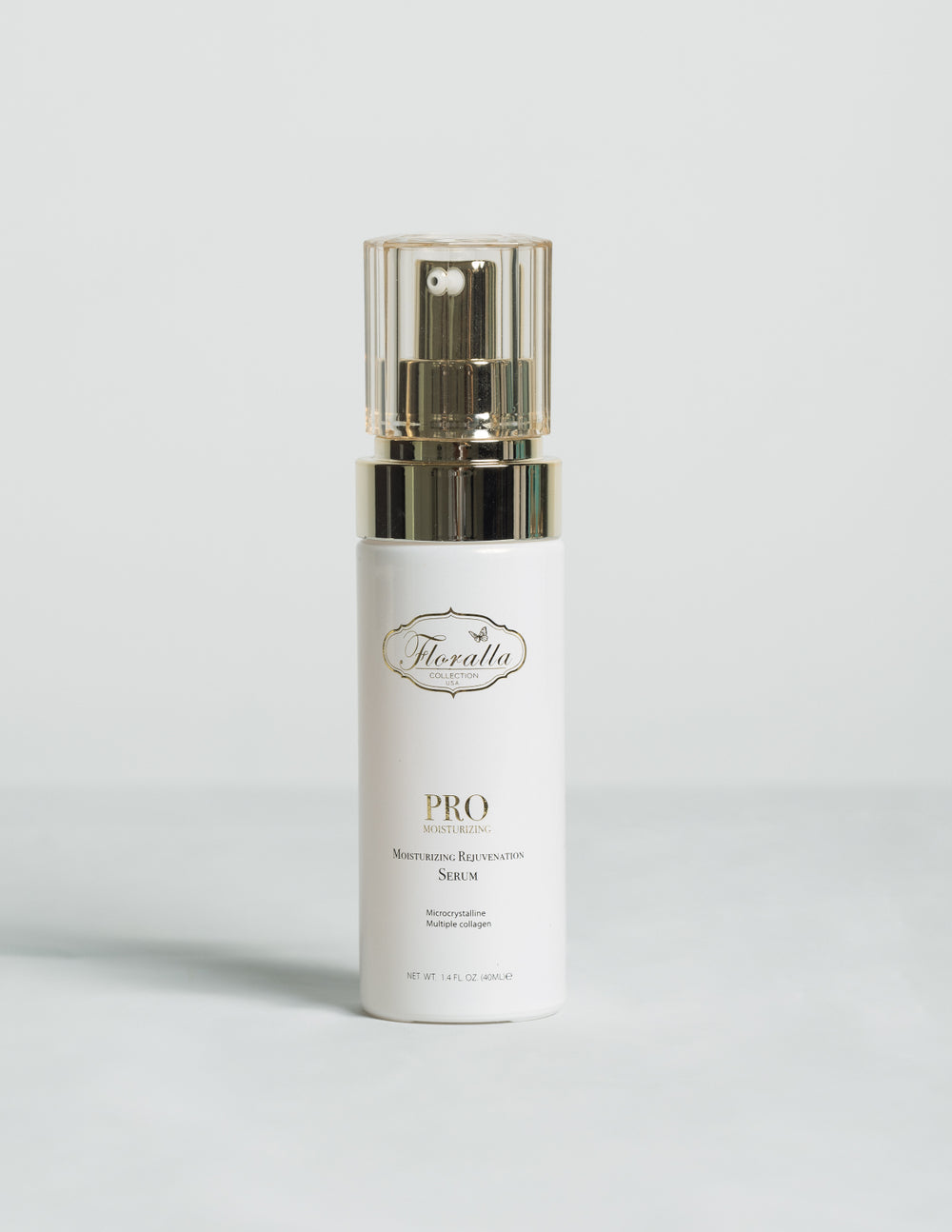 Floralla Pro Moisturizing Rejuvenation Serum, in white bottle with gold accents.