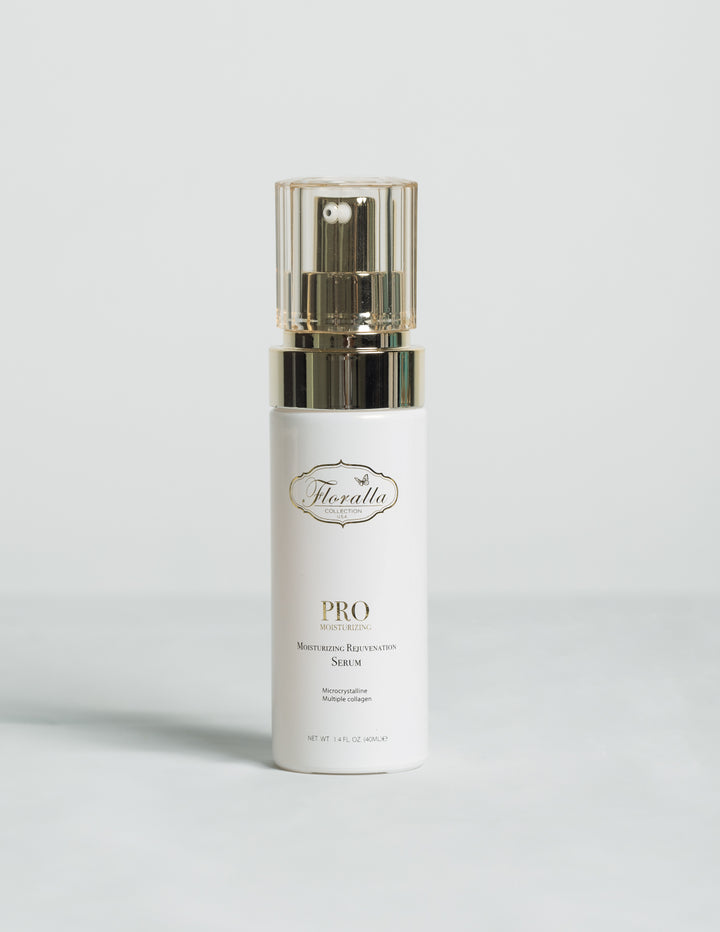 Floralla Pro Moisturizing Rejuvenation Serum, in white bottle with gold accents.