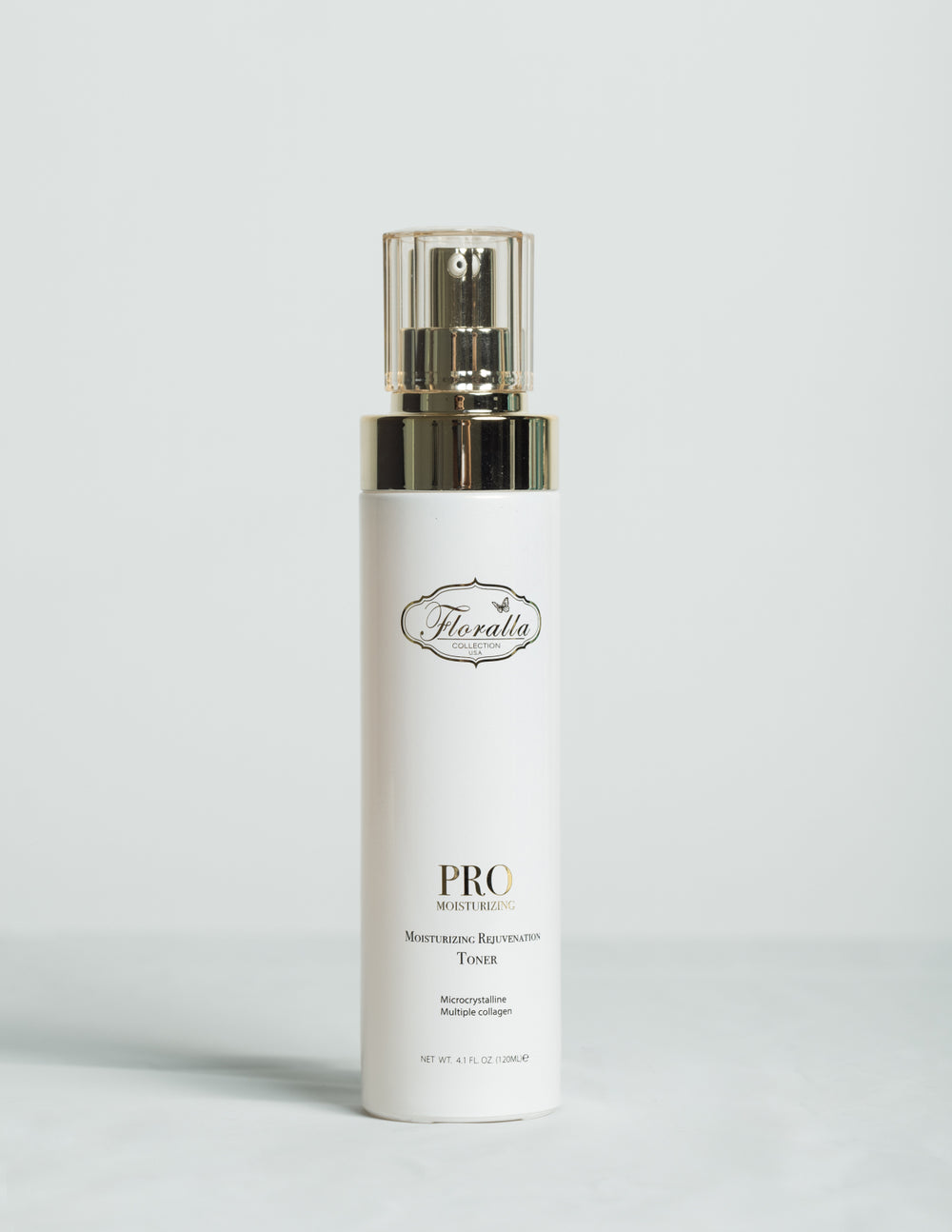 Floralla Pro Moisturizing Rejuvenation Serum, in white bottle with gold accents.
