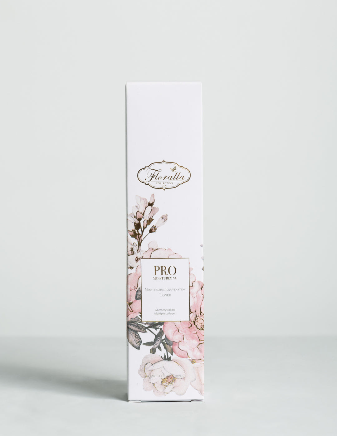 Floralla Pro Moisturizing Rejuvenation Toner, in white cardboard box with pink floral designs and gold accents.