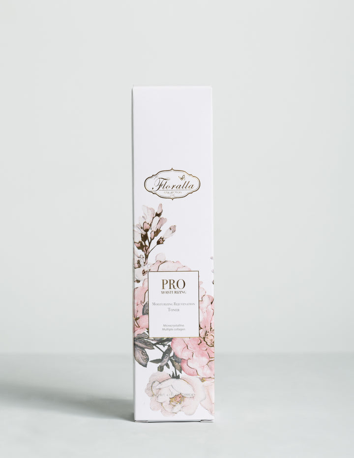 Floralla Pro Moisturizing Rejuvenation Toner, in white cardboard box with pink floral designs and gold accents.