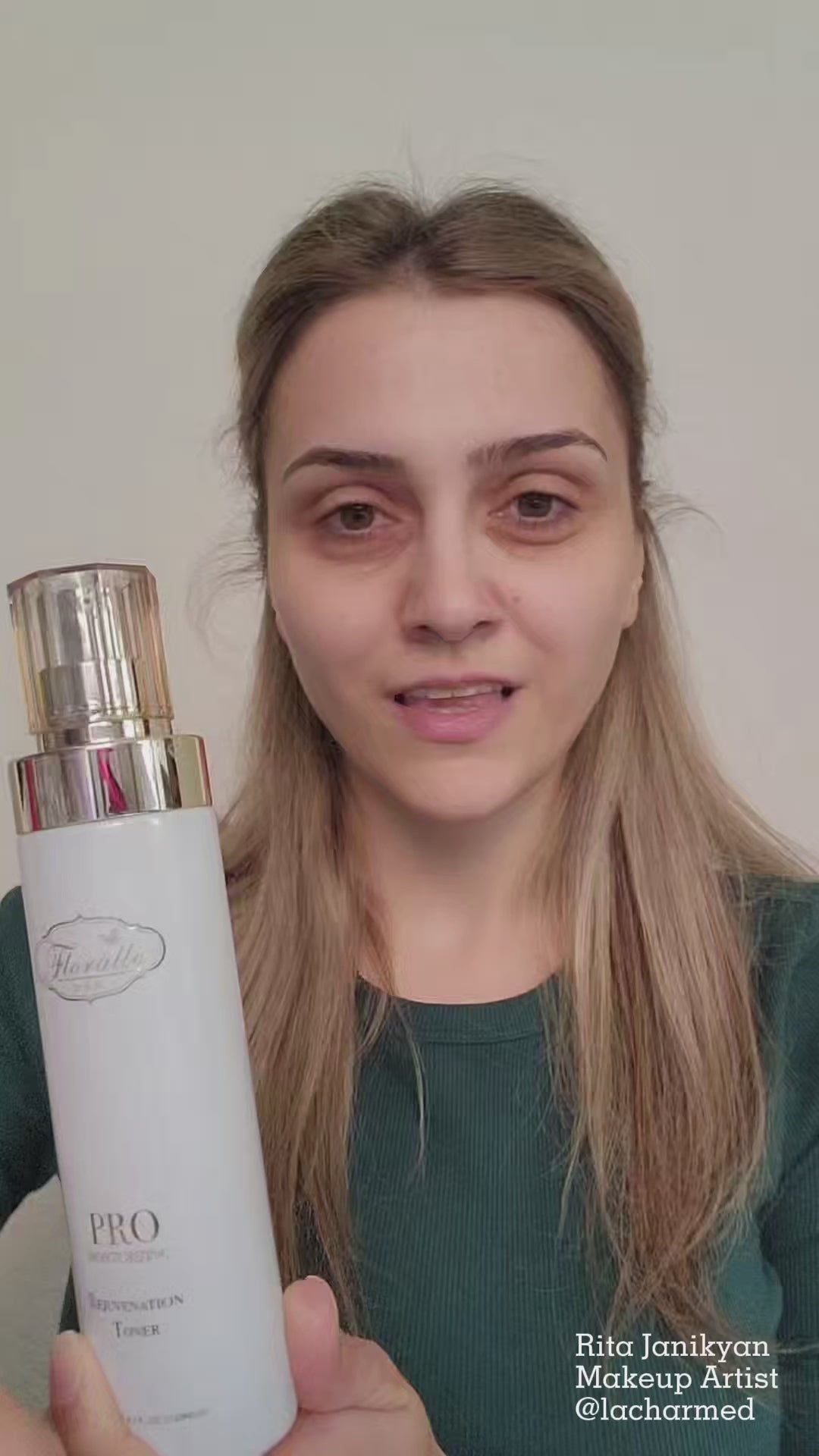 Rita Janikyan, a makeup artist, shares her Floralla skincare routine, which includes PRO Moisturizing Rejuvenation Face Cream, praising its hydrating and anti-aging benefits.